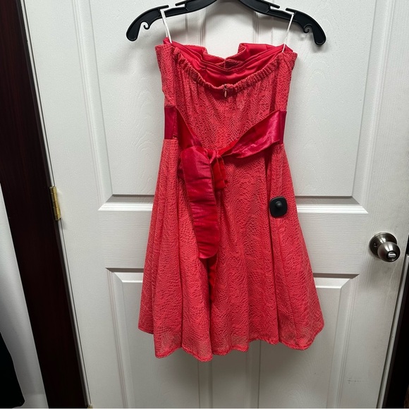 Strapless red pink Lace Dress with Rhinestone Detail - Picture 6 of 8